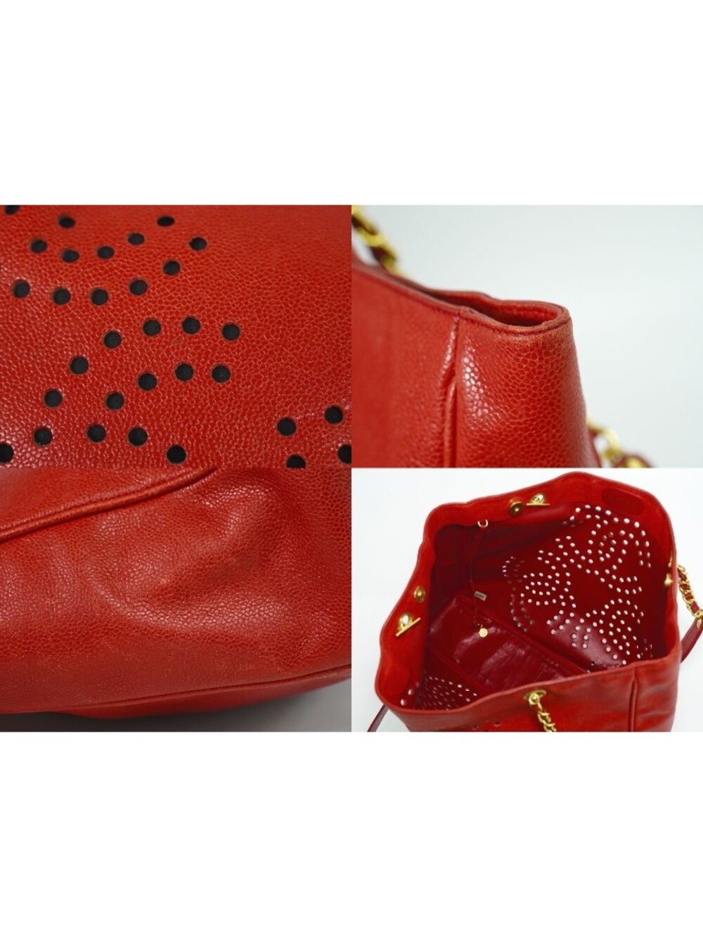 Chanel Perforated Triple CC Logo Shoulder Bag Tote Caviar Leather Red - Picture 7 of 9